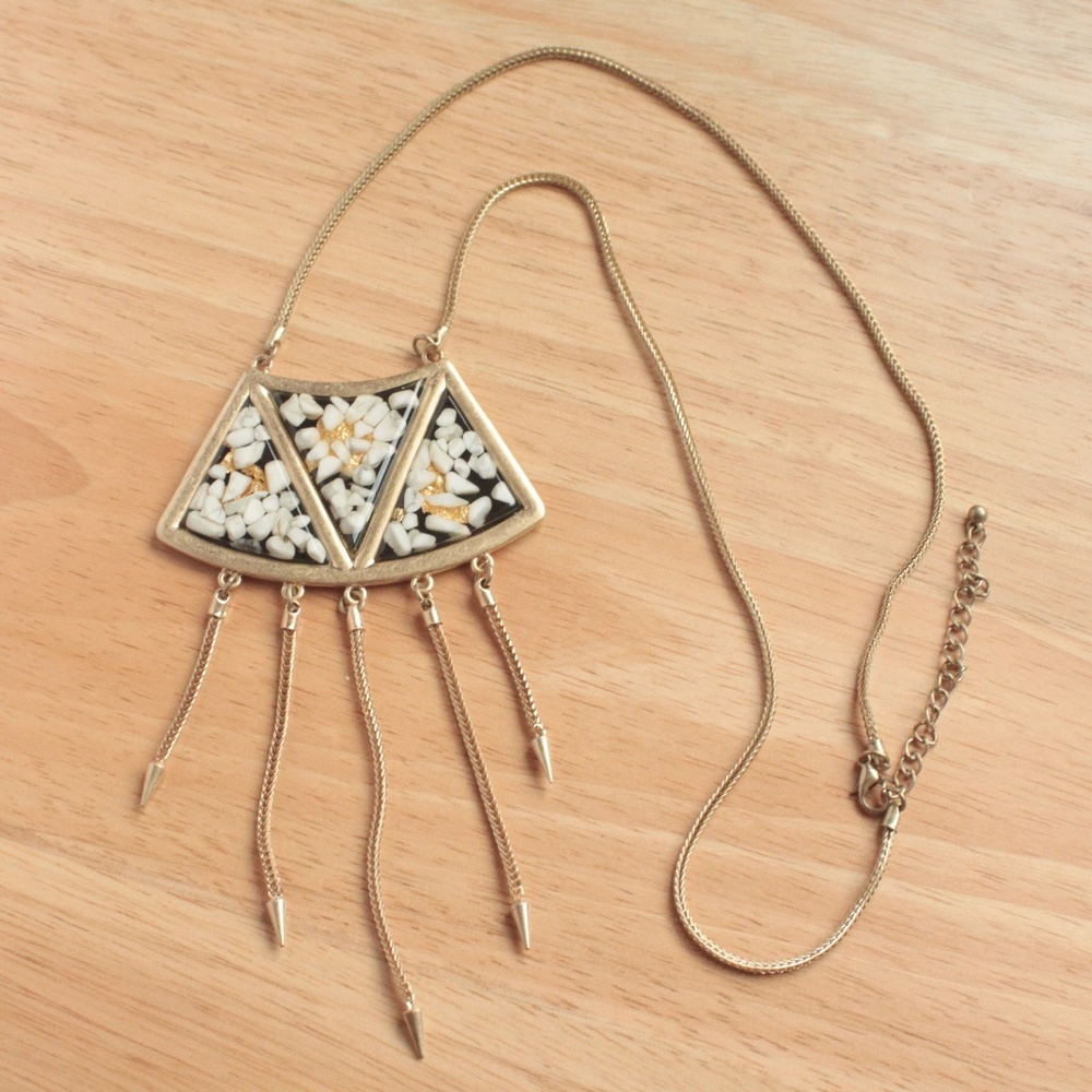 Fused Art Glass White Black Triangular Bib Tassel Gold Tone Necklace Earring Set